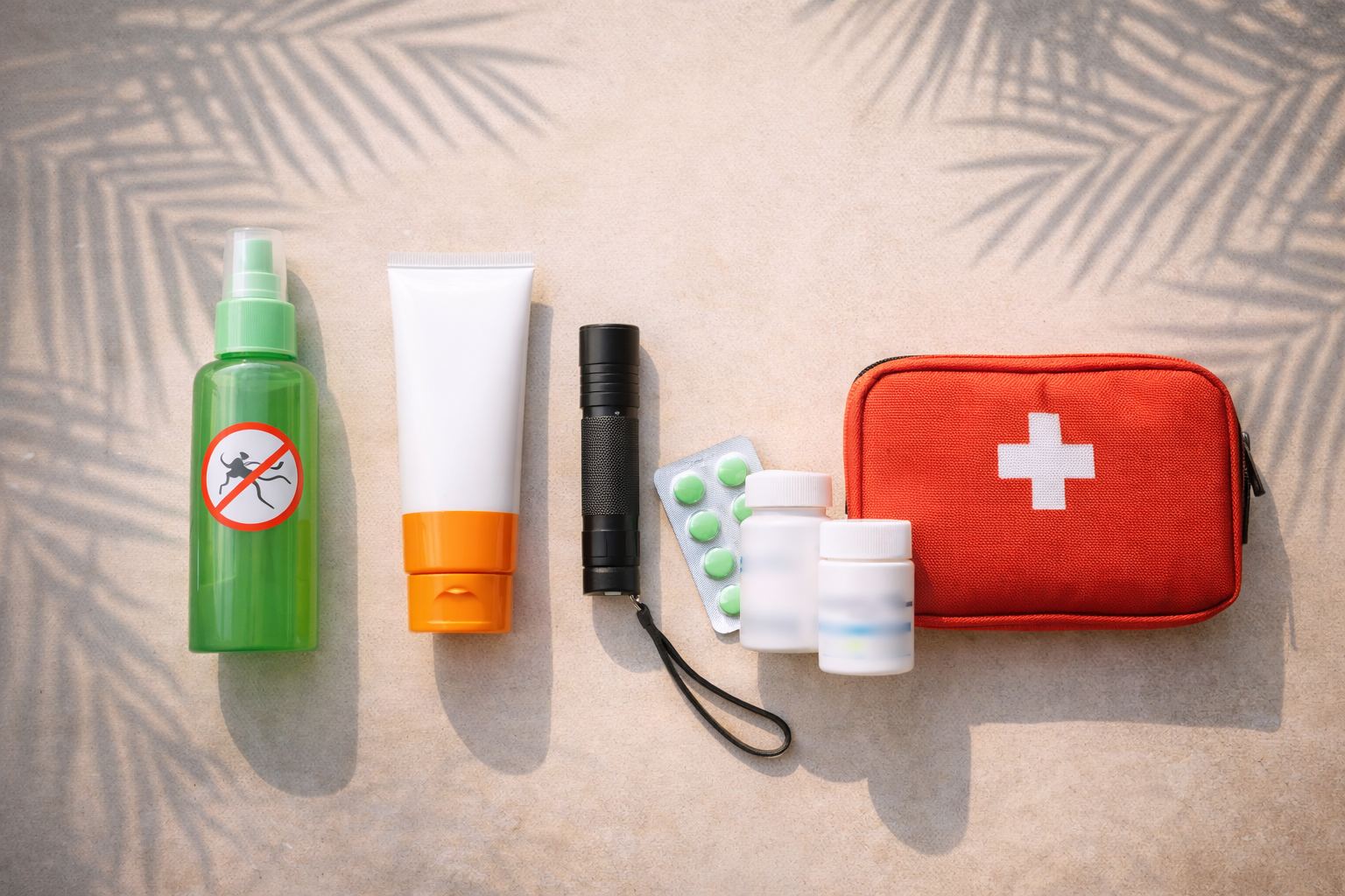 Travel safety kit flat lay